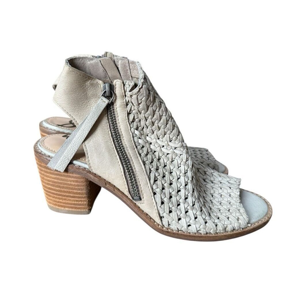 Sam Edelman Cooper woven leather peep toe block heels light gray size 7